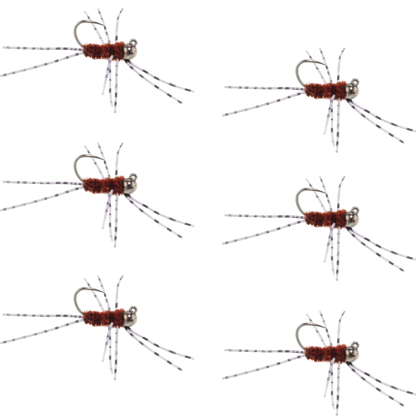 Barbless Pat's Barred Rubber Legs Tungsten Bead Jigged Brown Euro Nymph  - Set of 6 Flies Hook Size 6
