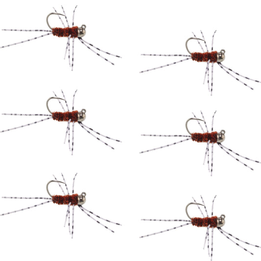 Barbless Pat's Barred Rubber Legs Tungsten Bead Jigged Brown Euro Nymph  - Set of 6 Flies Hook Size 6