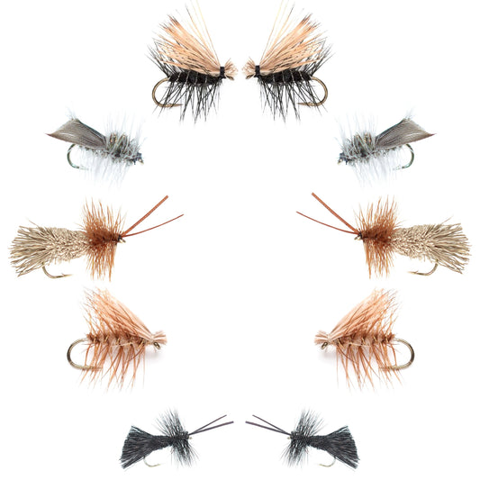 Basics Collection - Essential Caddis Dry Fly Assortment - 10 Dry Fishing Flies - 5 Patterns - Hook Sizes 12, 14, 16, 18