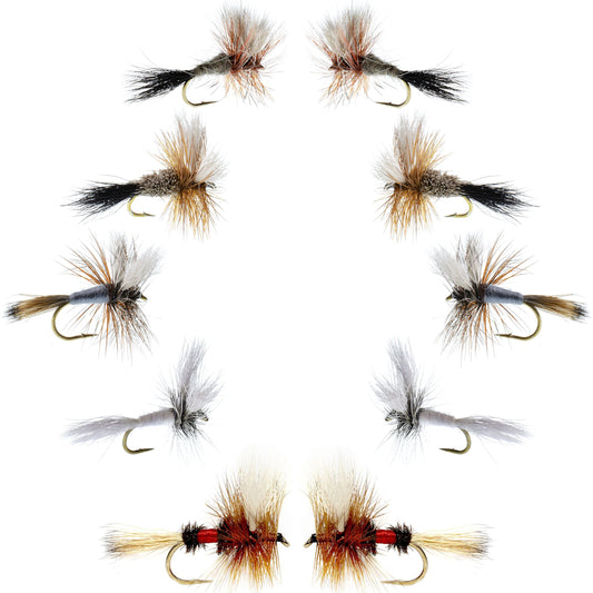 Basics Collection - Wulff Dry Fly Assortment - 10 Dry Fishing Flies - 5 Patterns - Hook Sizes 10, 12, 14