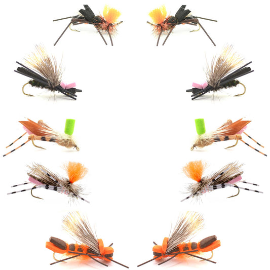 Basics Collection - Foam Hoppers Dry Fly Assortment #2 - 10 Dry Fishing Grasshopper Flies - 5 Patterns - Hook Size 10