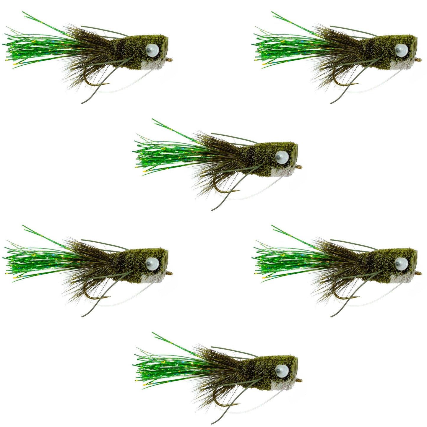 Flashtail Bass Popper 6 Flies Size 8 - Olive Bass Fly Fishing Bug Wide Gape Bass Hooks With Weed Guard