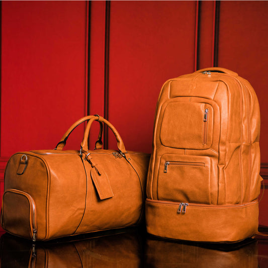 Brown Tumbled Leather Signature Bag Set (Signature Backpack and Duffle Bag)