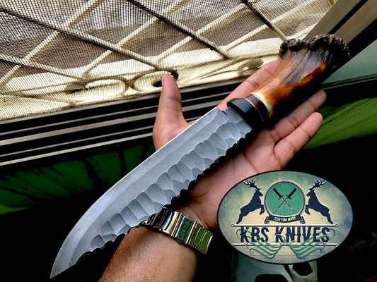 Classic Viking Hunting Bowie Knife - Custom Handcrafted 1095 Hand Forged Steel Blade, Stag Crown, Buffalo Horn & Rosewood Handle with Brass Spacers, 13" Overall Length | Leather Sheath | KBS Knives