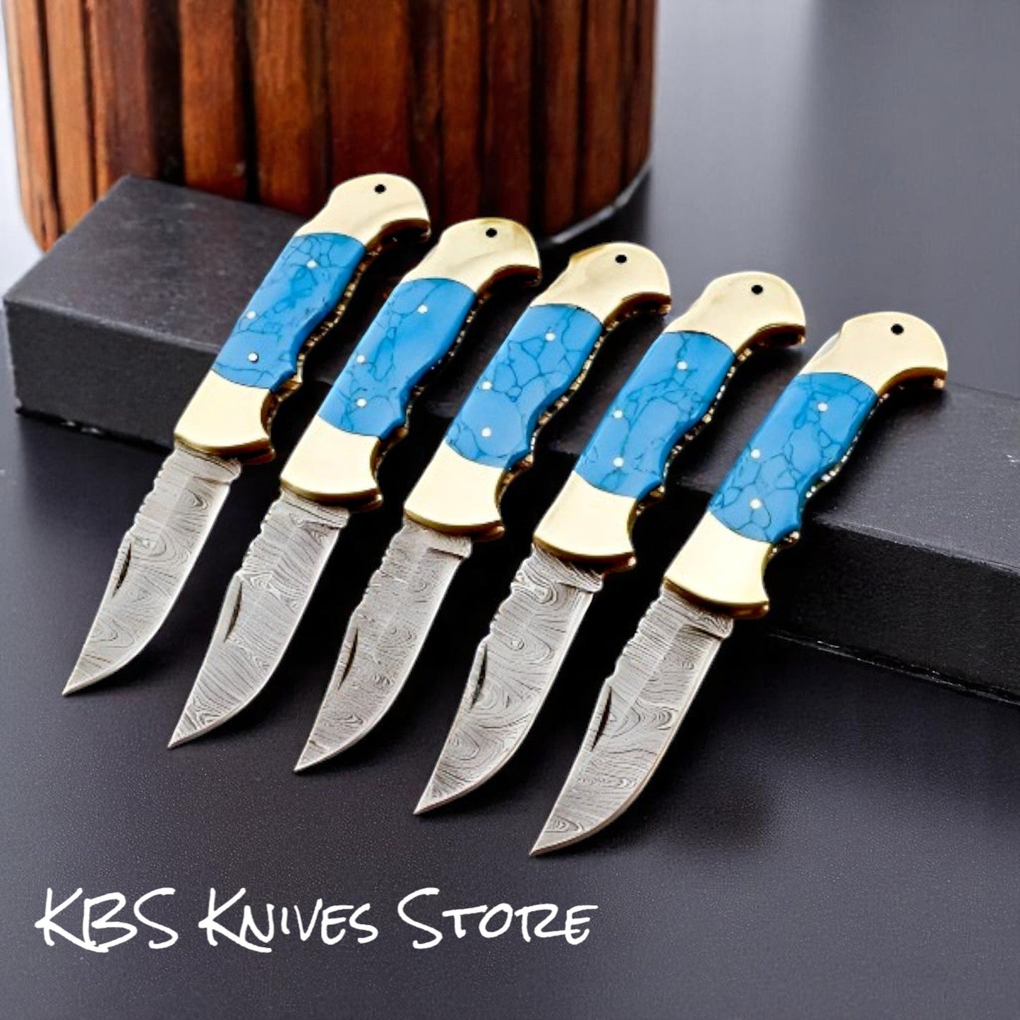 Custom Cowboy EDC Damascus Pocket Knife - 3" Blade with Turquoise Stone Handle