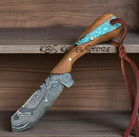 Custom 3.75 Inch Cowboy Cutter - Damascus Steel with Walnut Wood Turquoise Handle