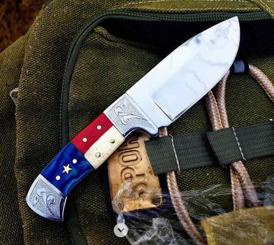 Custom Hand Engraved D2 Steel Texas Hunting Skinning Knife - 8.5 Inch Bone & Exotic Wood Handle - Premium Quality by KBS Knives