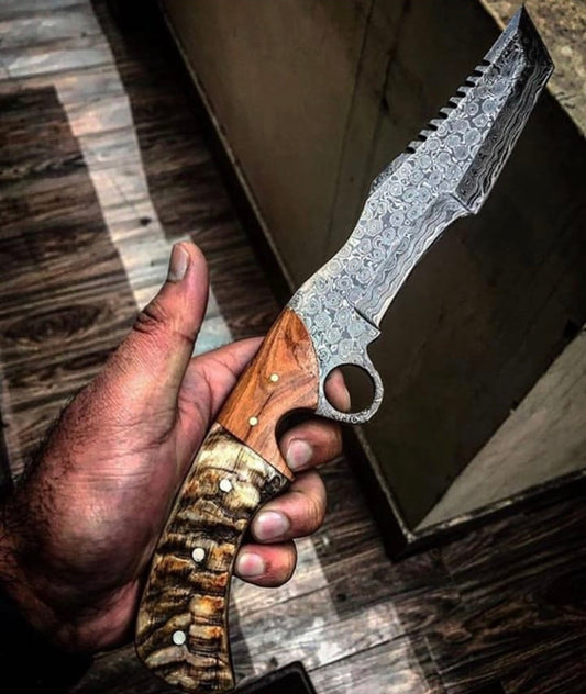 Custom Handcrafted Raindrops Damascus Tanto Tactical Survival Tracker Knife - 13" Mountain Sheep Horn & Olivewood Handle with Finger Hole | Horizontal Leather Sheath | KBS Knives