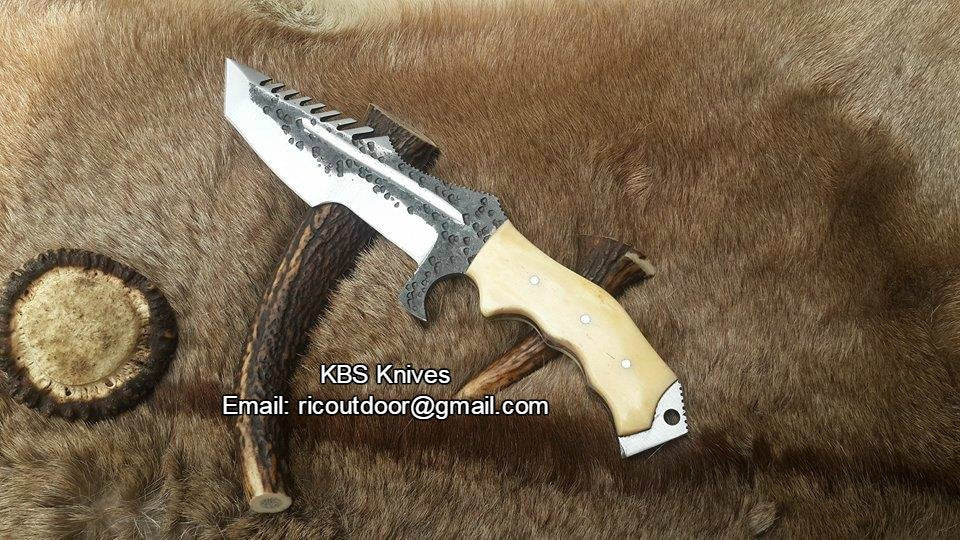 Custom Handmade 1095 Steel Tanto Blade Tracker Knife - Full Tang Bone Handle, 10.5" Overall with Horizontal Leather Sheath | Ideal for Survival & Camping | KBS Knives