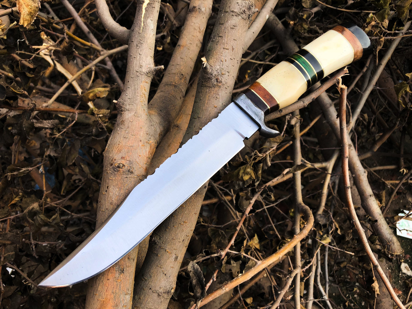 Custom Handmade D2 Steel Bowie Knife – 14-Inch Blade with Bone & Colored Wood Handle, Damascus Guard & Leather Sheath | Perfect for Hunting – KBS Knives