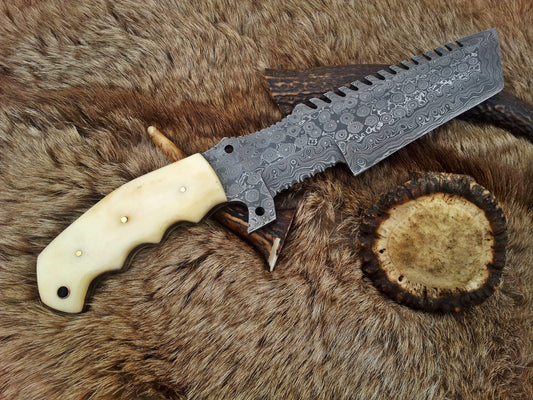 Custom Handmade Damascus Tanto Tracker Knife with Camel Bone Handle and Leather Sheath – Full Tang 12-Inch Survival Knife by KBS Knives