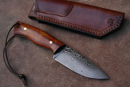 American Wilderness Bushcraft Knife – 8.5" Custom Handmade Damascus Steel Blade with Burl Rosewood Handle