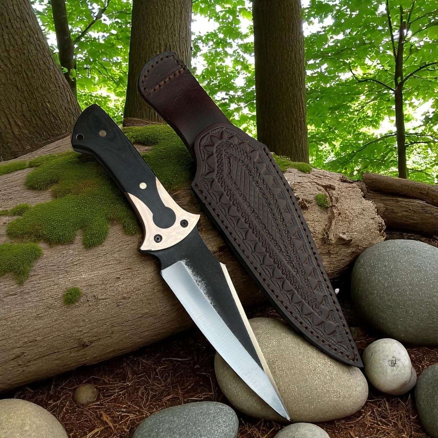 Premium 11″ D2 Steel Full‑Tang Hunting Knife | Satin-Finish, G10 Handle, Leather Sheath