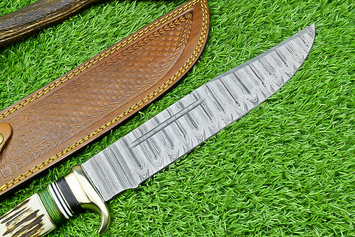 Deluxe Dundee Knife – 16" Handmade Damascus Steel Blade with Brass Guard & Pakkawood or Stag Horn Handle + Leather Sheath