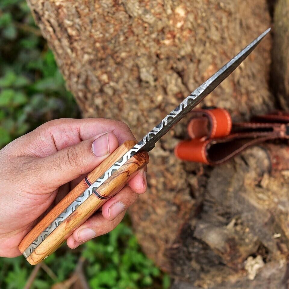 Custom Handmade 10" Damascus Steel Hunting Knife with Olive Wood Handle & Leather Sheath