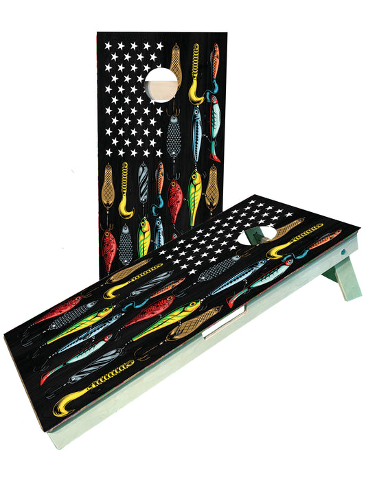 Fishing Lure American Flag Cornhole Boards