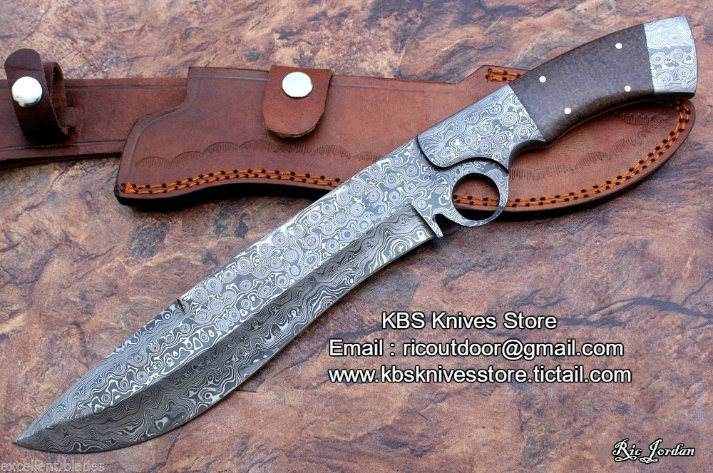 Finger Hole Bowie Knife - Custom Handcrafted Full Tang Raindrops Damascus Steel Blade, Walnut Wood Handle with Damascus Bolsters, 15" Overall Length | Leather Sheath | KBS Knives