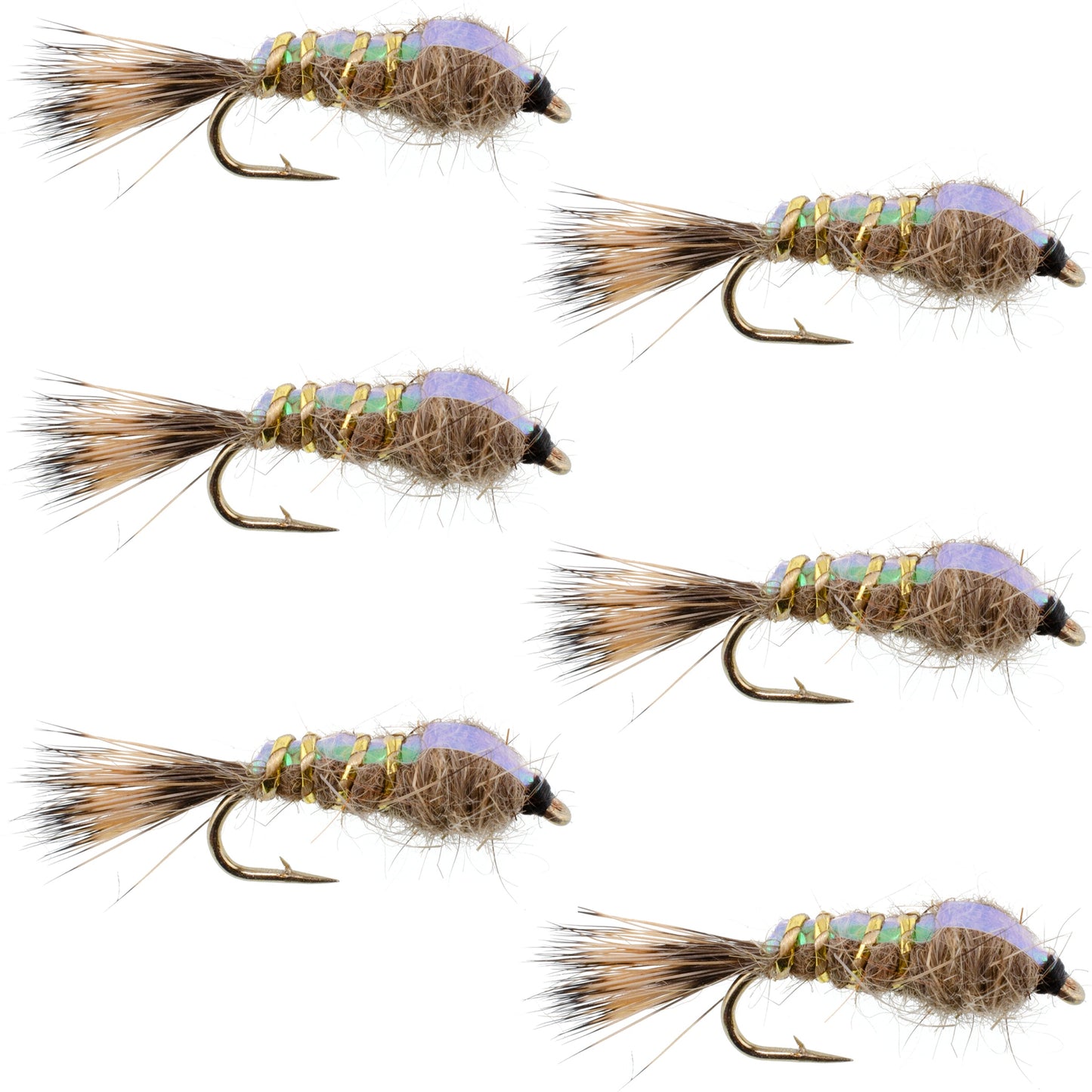 Classic Weighted Flashback Gold Ribbed Hares Ear Nymph - Set of 6 Flies - Size 16