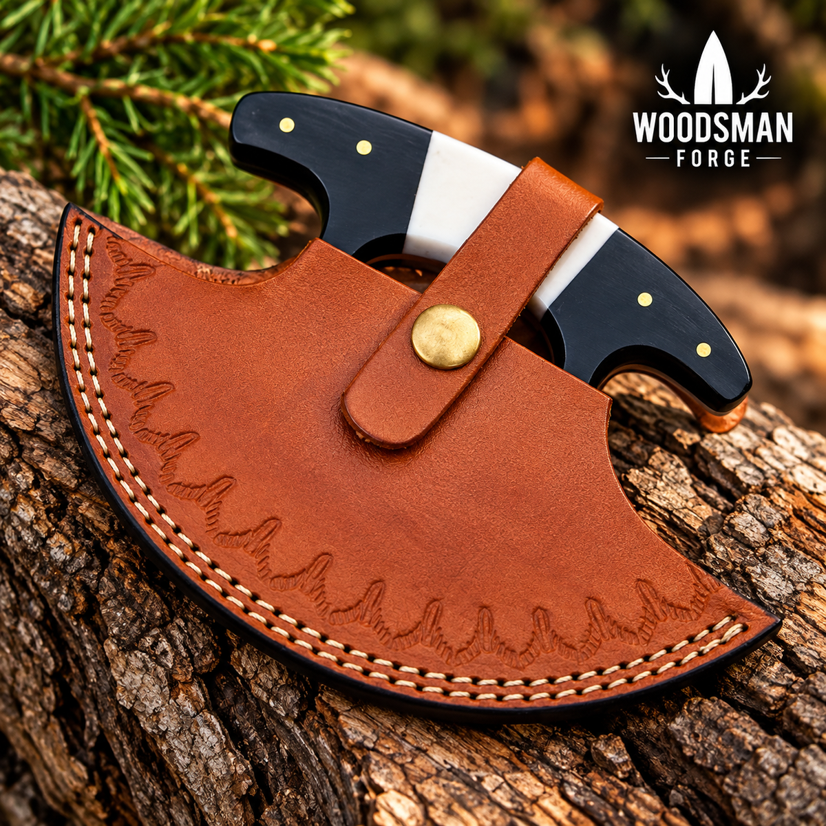 Bonehorn Northcrest™ Damascus Ulu Knife with Camel Bone & Buffalo Horn Handle