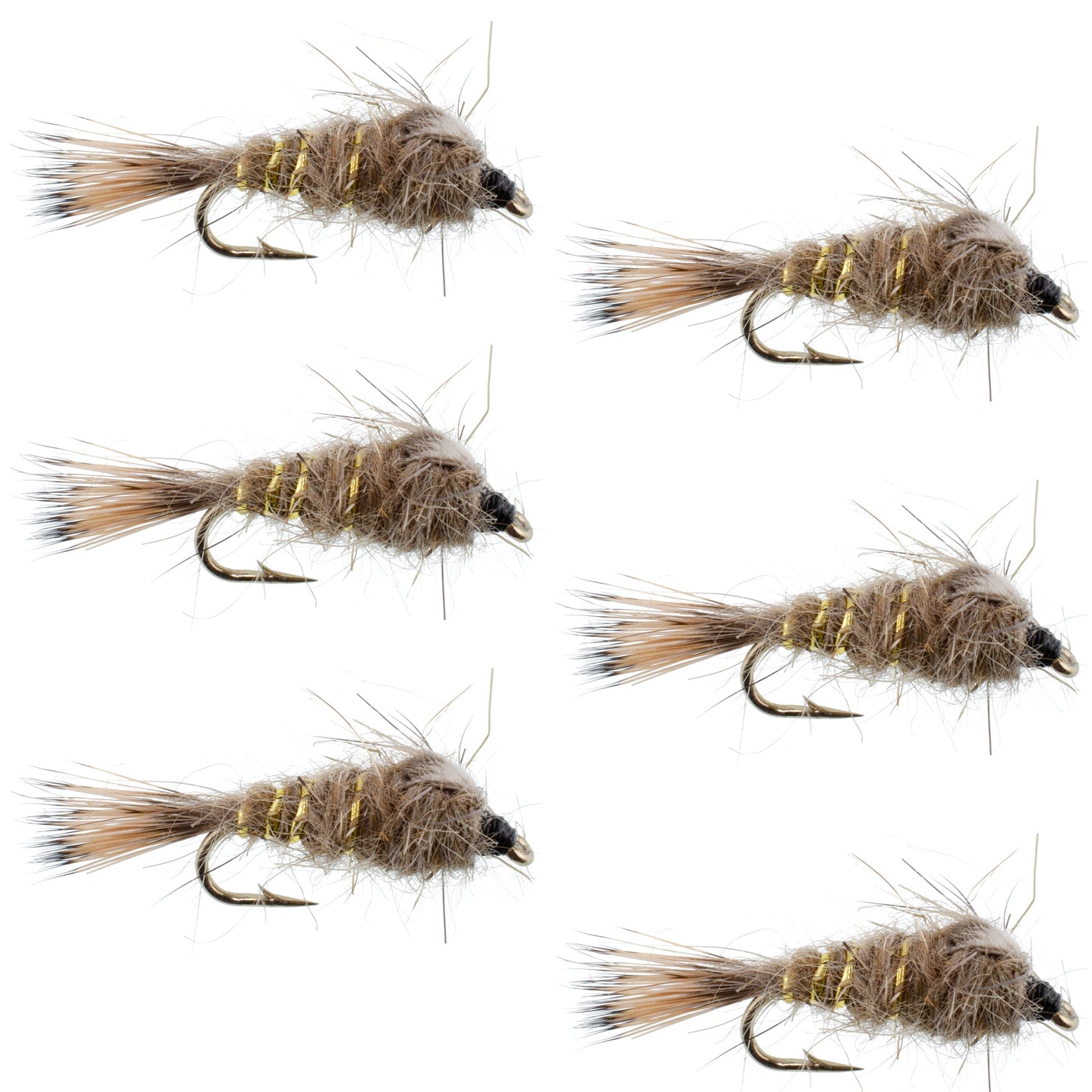 Classic Weighted Gold Ribbed Hares Ear Nymph - Set of 6 Flies - Size 16