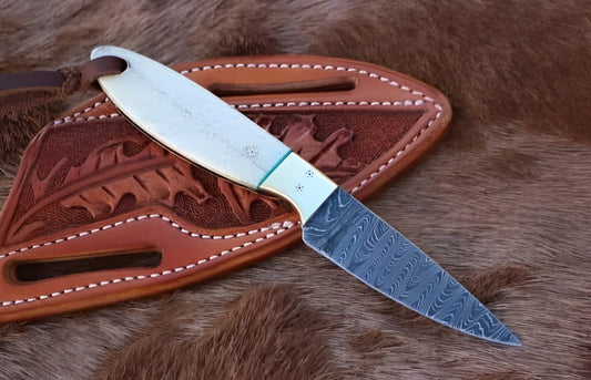 Western Damascus Cowboy Belt Knife with Bone Handle & Sheath