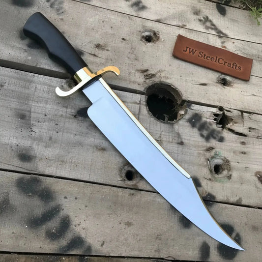 Carbon Steel 10-Inch Clip Point Bowie Knife — Black Handle, Brass S-Guard & Mirror Polished Blade