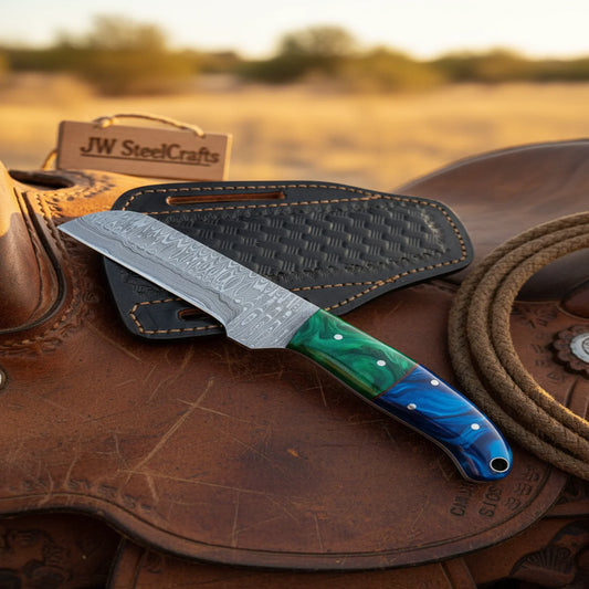 Damascus Straight Edge Cowboy Cleaver Knife 8" Green Blue Resin Handle Full Tang Pancake Sheath