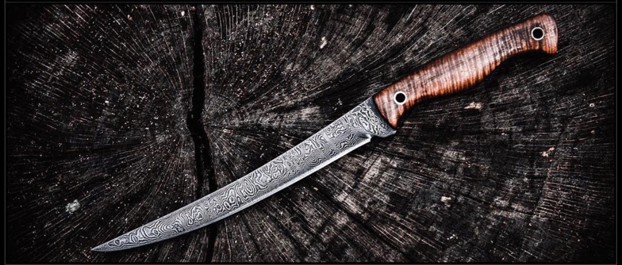 Damascus Steel Handmade Fillet Boning Knife with Burly Rose Wood Handle, 11 Inches with Leather Sheath