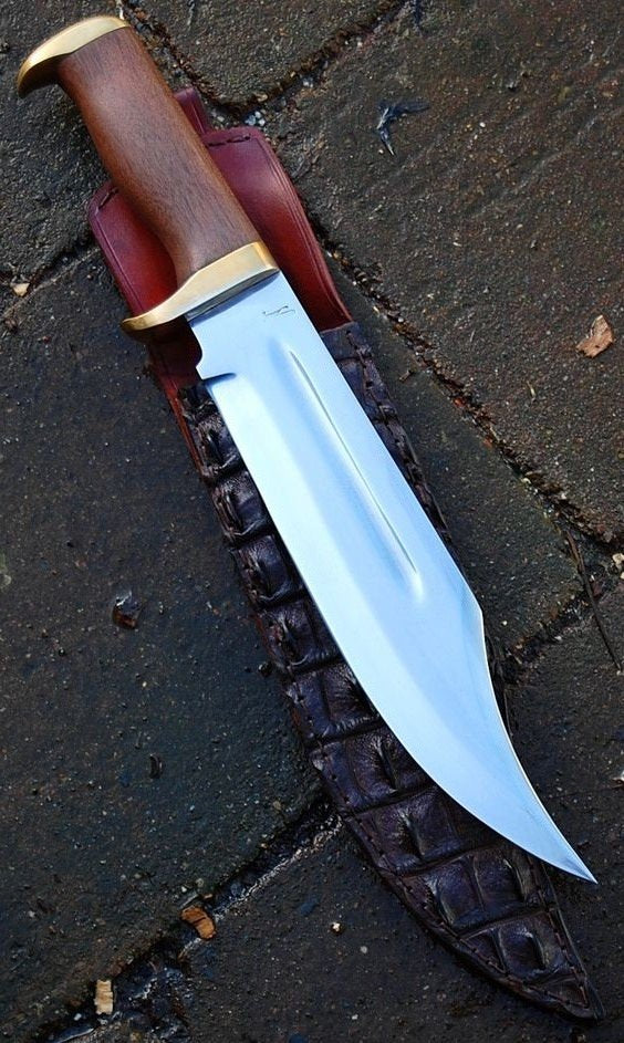 Mick Bowie Knife - Custom Handcrafted 1095 High Carbon Steel Blade, Wood Handle with Brass Guards, 15" Overall Length | Leather Sheath | KBS Knives