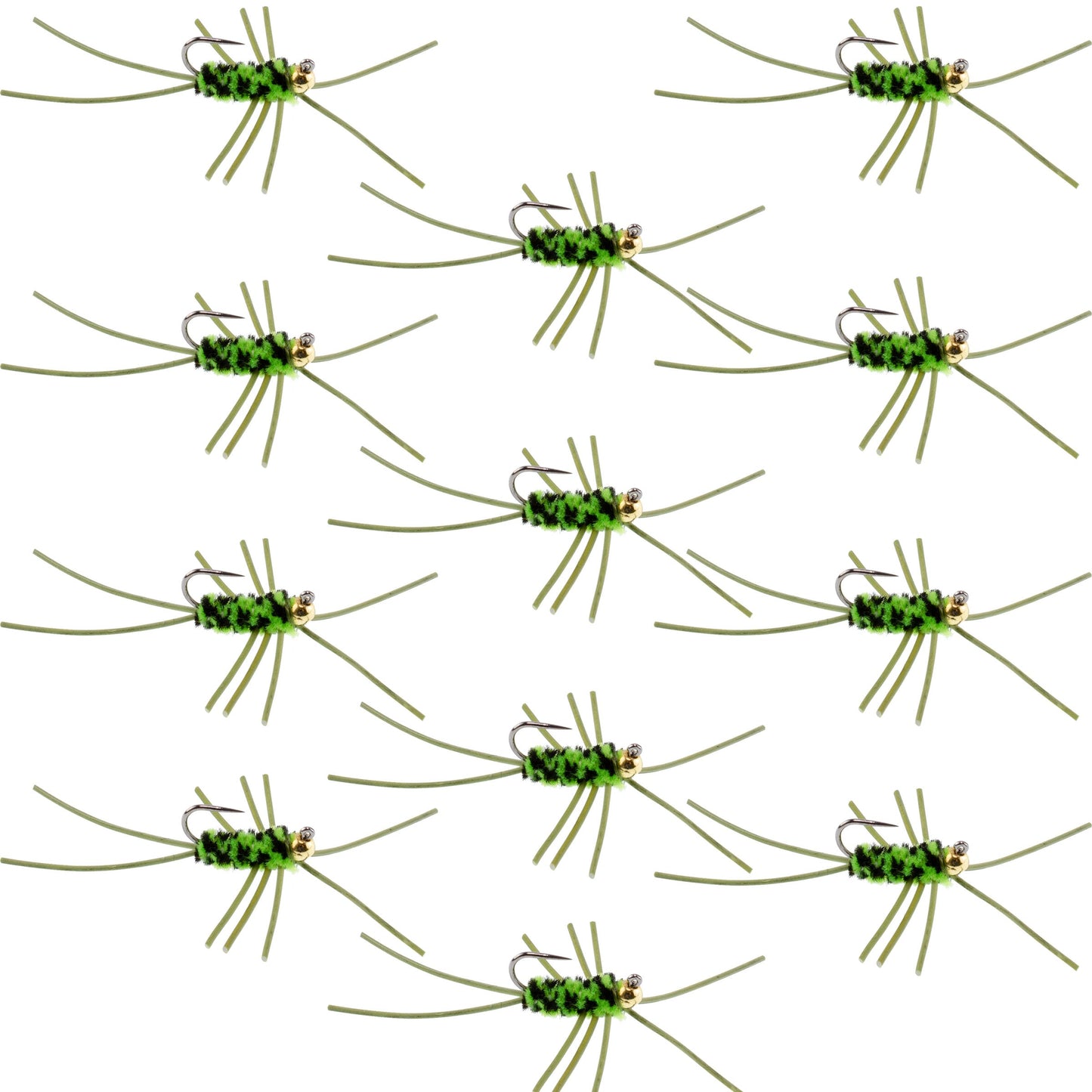 Barbless Pat's Rubber Legs Tungsten Bead Jigged Black/Chartreuse Euro Nymph  - Set of 12 Flies Hook Size 10