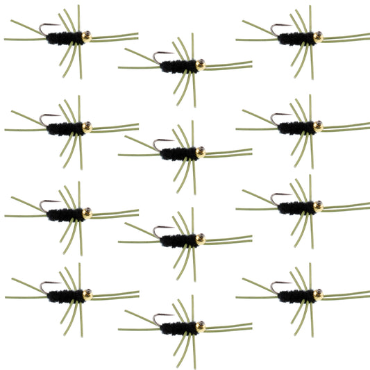 Barbless Pat's Rubber Legs Tungsten Bead Jigged Black Euro Nymph  - Set of 12 Flies Hook Size 10