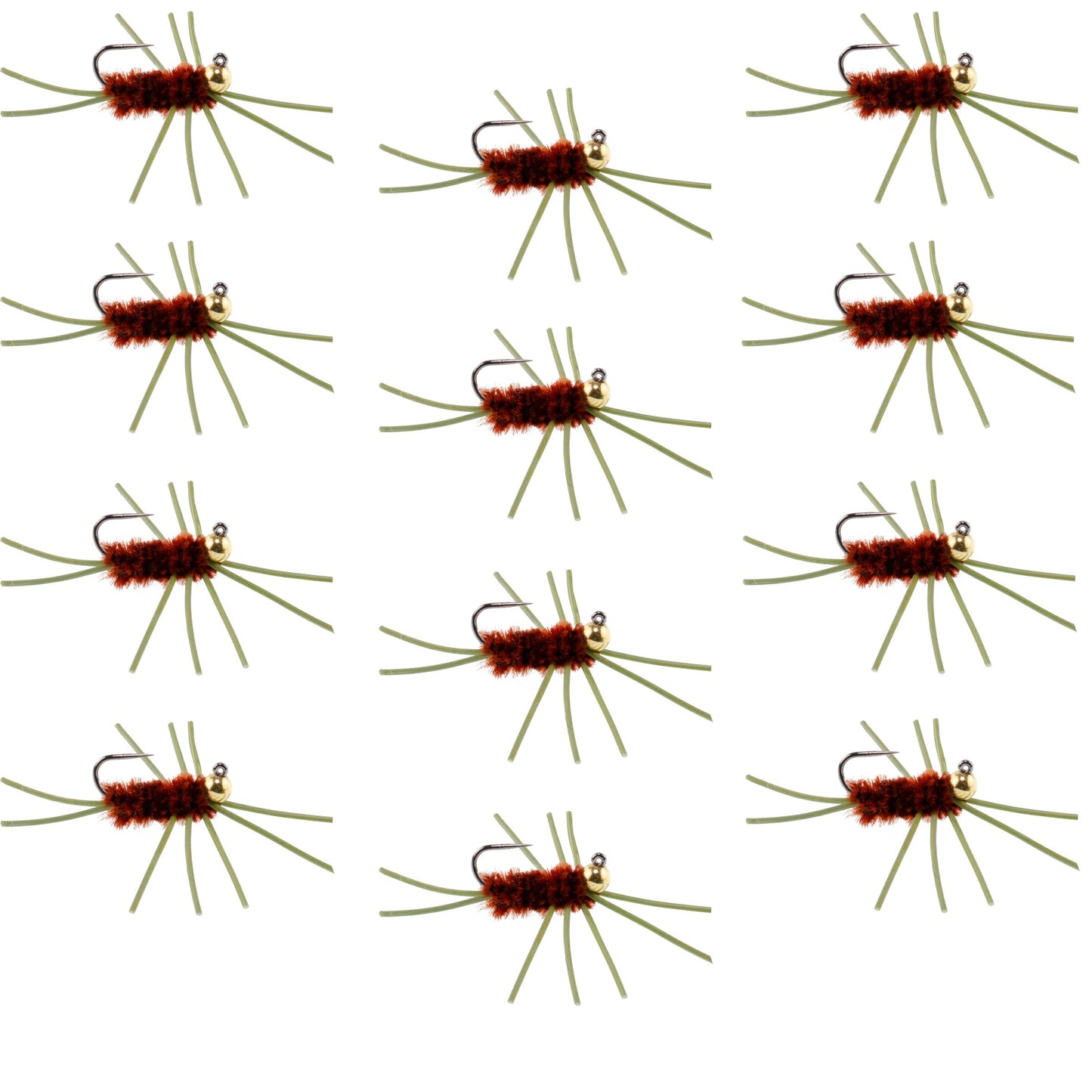 Barbless Pat's Rubber Legs Tungsten Bead Jigged Brown Euro Nymph  - Set of 12 Flies Hook Size 10