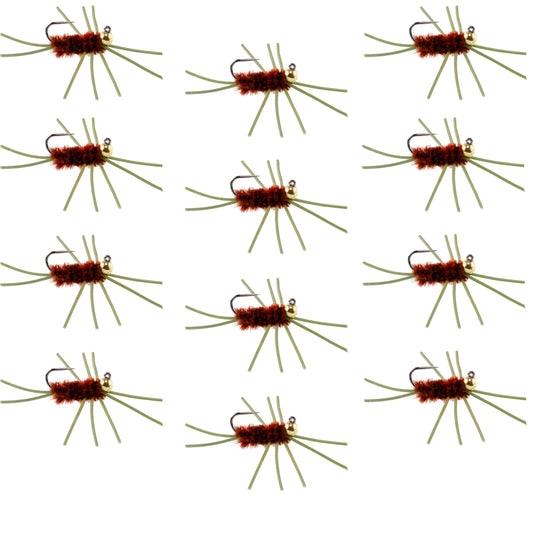 Barbless Pat's Rubber Legs Tungsten Bead Jigged Brown Euro Nymph  - Set of 12 Flies Hook Size 10