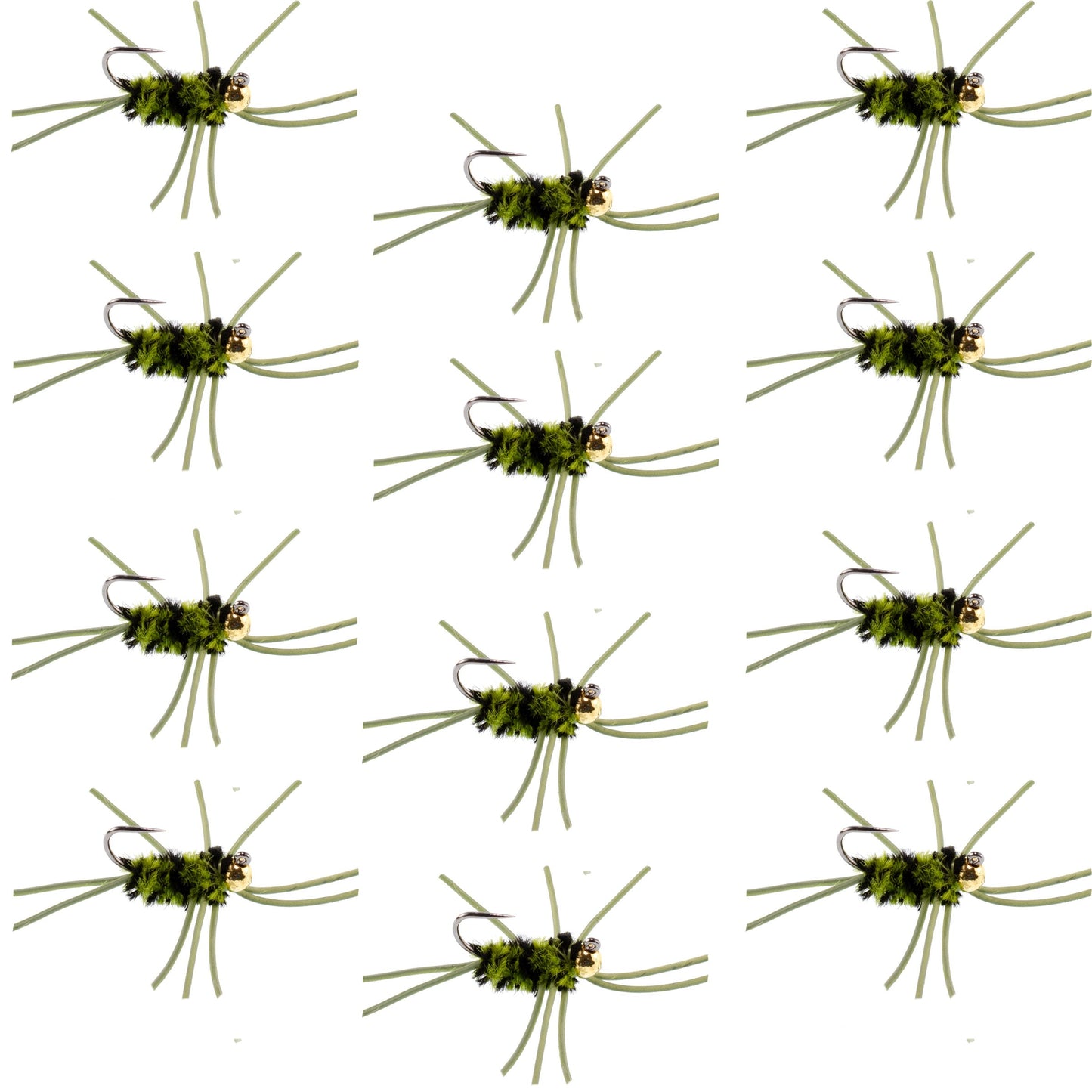 Barbless Pat's Rubber Legs Tungsten Bead Jigged Black/Olive Euro Nymph  - Set of 12 Flies Hook Size 10