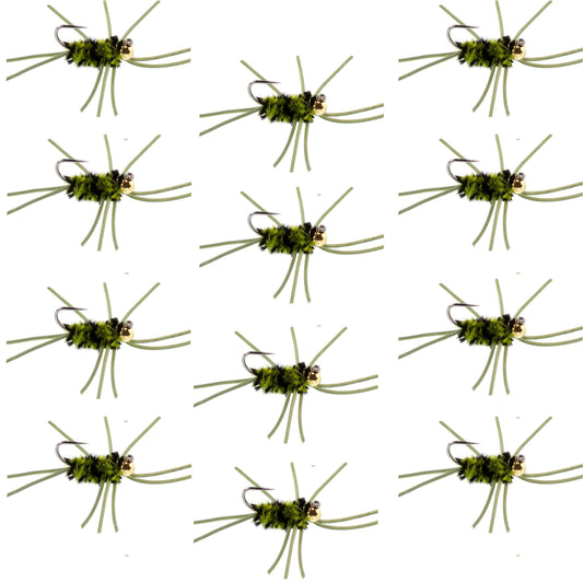 Barbless Pat's Rubber Legs Tungsten Bead Jigged Black/Olive Euro Nymph  - Set of 12 Flies Hook Size 10