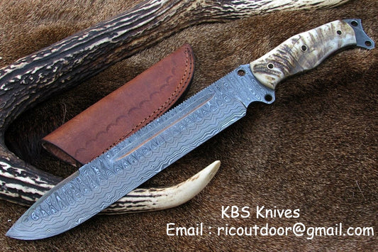 Pig Sticker Big Bowie Knife with Custom Handcrafted Full Tang Damascus Steel Blade & Sheep Horn Handle - 17 Inches
