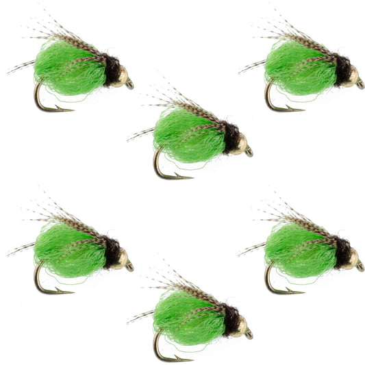 Bead Head LaFontaine Bright Green Deep Sparkle Caddis Pupa - 6 Flies Hook Size 18