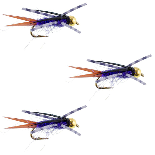 3 Pack Bead Head Purple Batman Rubber Legs Nymph Fly - Hook Size 14