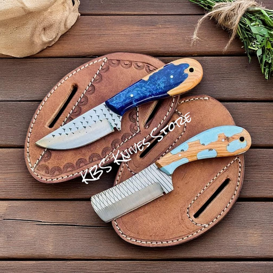 Ranch Cowboy Knives and Sheaths Set - 3.75" Rasp Steel Bull Cutter & Cowboy Knife with Epoxy Olivewood Handles