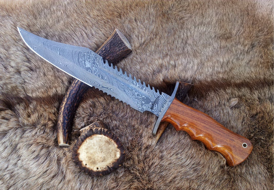 Ranger Survival Bowie Knife with Custom Handcrafted Damascus Steel Blade & Rosewood Handle - 15 Inches