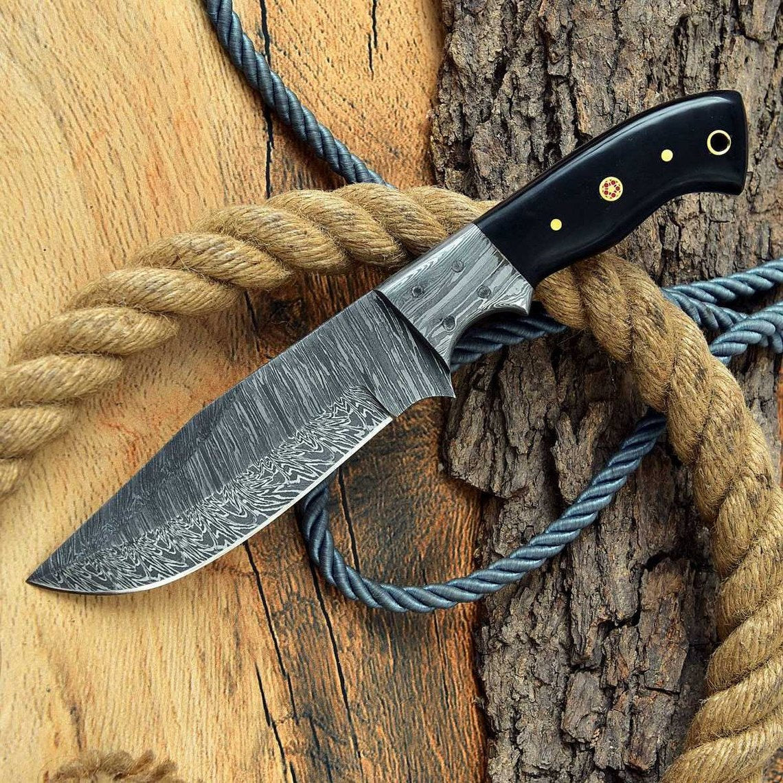 Ridgeback Ranger-Custom Handcrafted Damascus Steel Hunting Knife with Buffalo Horn Handle and Damascus Bolster