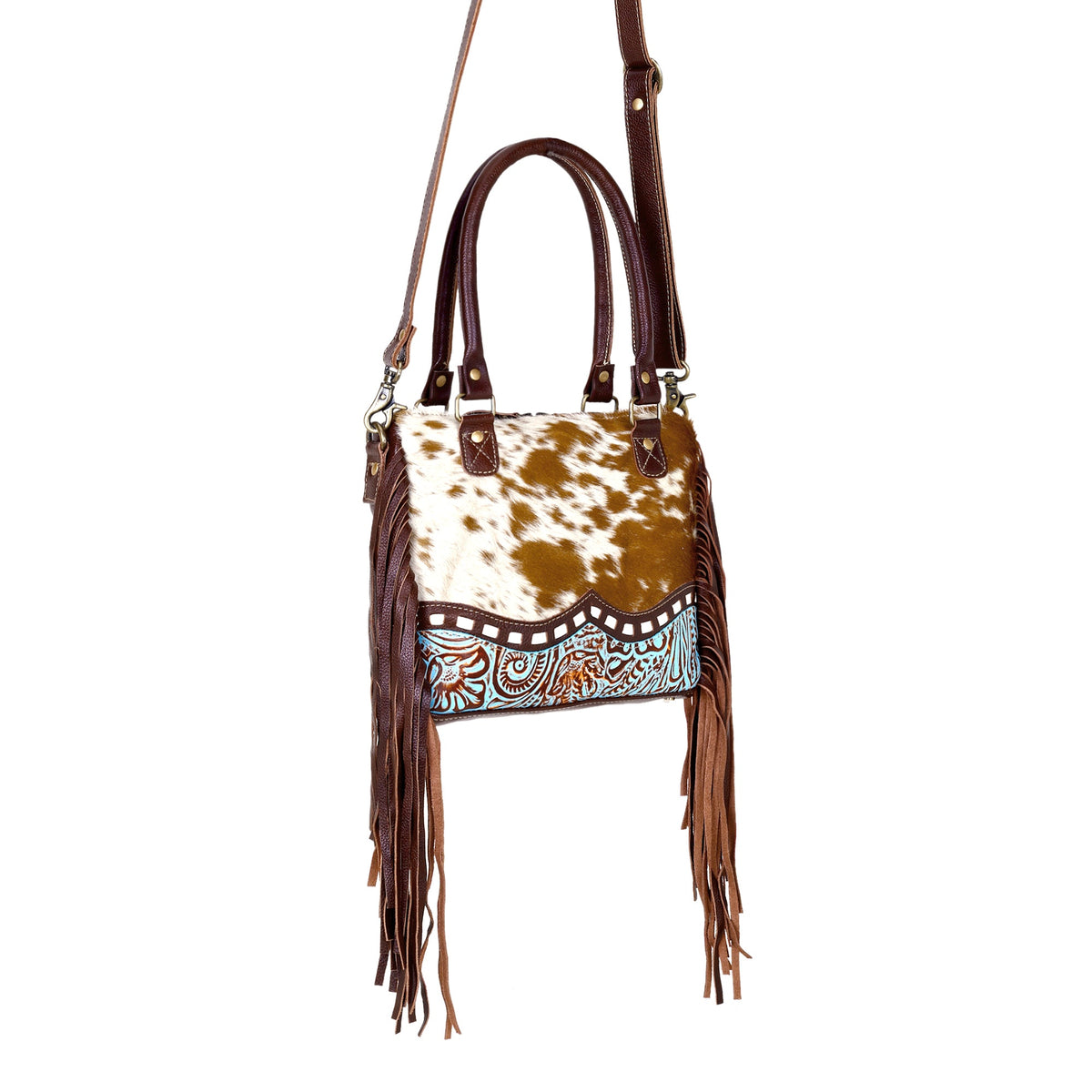 Myra Brown Freckles Concealed Carry Bag Hairon Leather with Fringe Detail and Tooled Trim, Dual Carry Western Tote