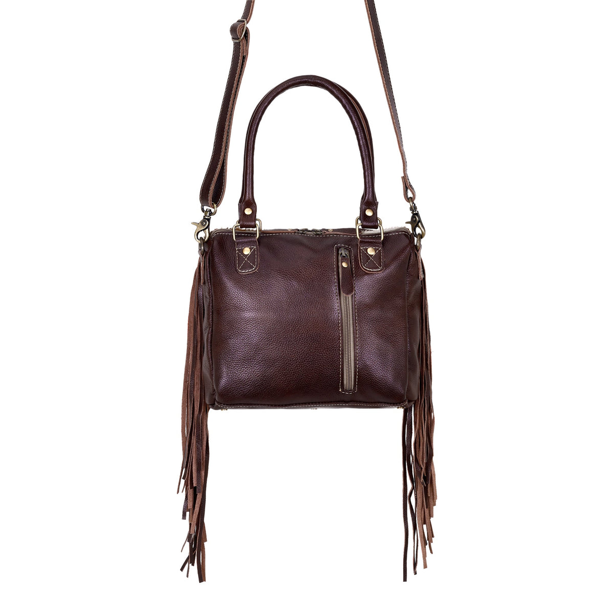Myra Brown Freckles Concealed Carry Bag Hairon Leather with Fringe Detail and Tooled Trim, Dual Carry Western Tote