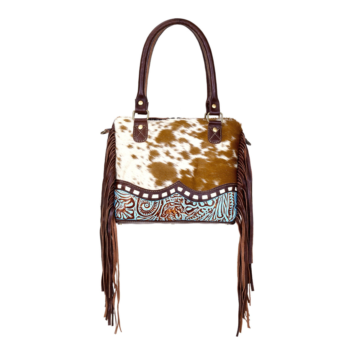 Myra Brown Freckles Concealed Carry Bag Hairon Leather with Fringe Detail and Tooled Trim, Dual Carry Western Tote
