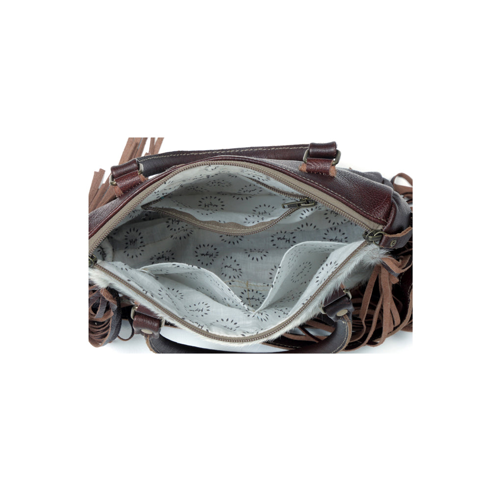 Myra Brown Freckles Concealed Carry Bag â€“ Hairon Leather with Fringe Detail and Tooled Trim, Dual Carry Western Tote