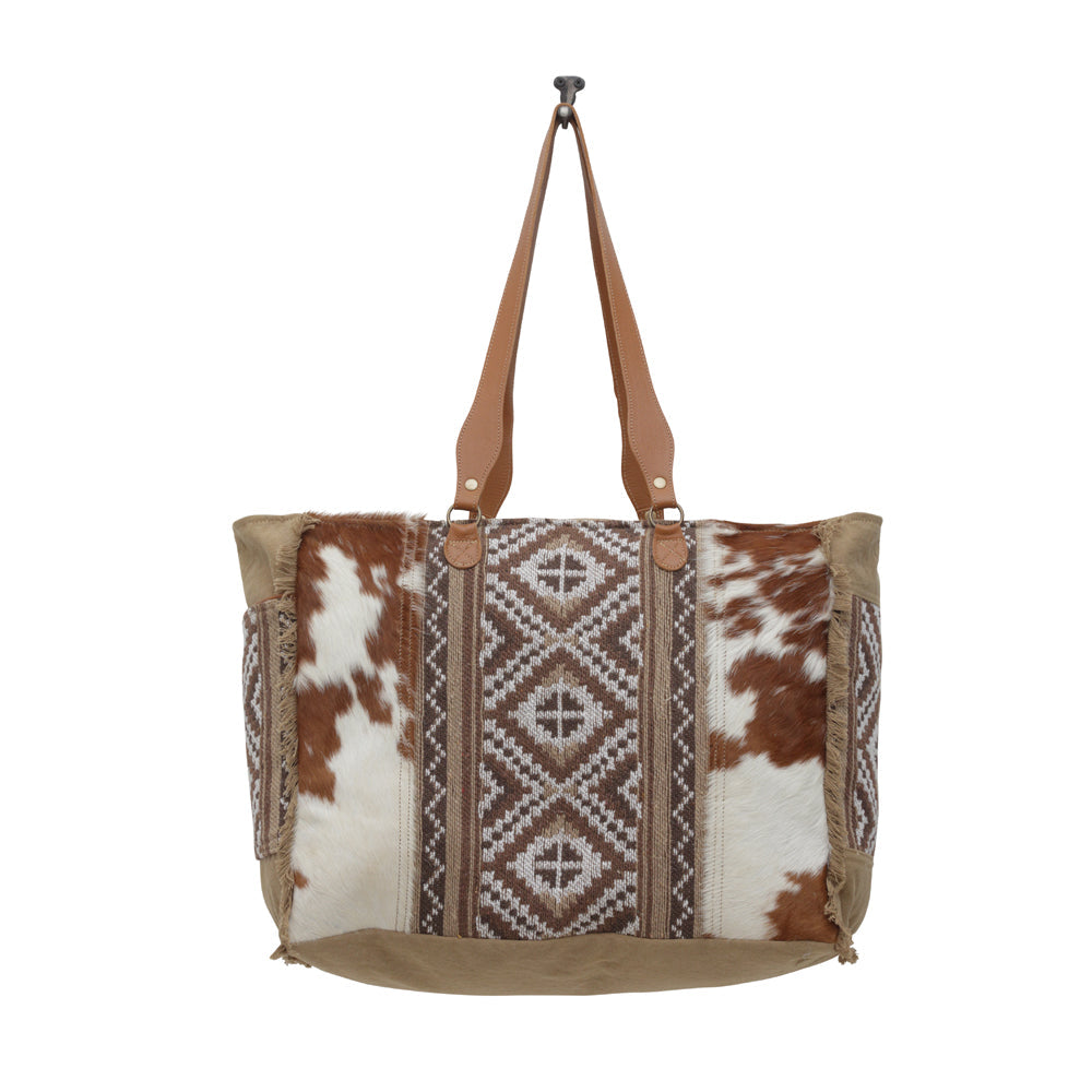 Myra Elisa Leather Weekender Bag - Spacious Cowhide Travel Tote with Tribal Woven Panel and Dual Shoulder Straps