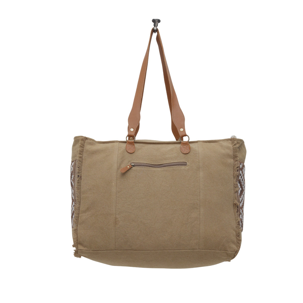 Myra Elisa Leather Weekender Bag - Spacious Cowhide Travel Tote with Tribal Woven Panel and Dual Shoulder Straps
