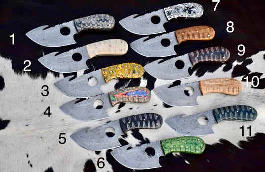 Deal of 11 Custom Handcrafted Damascus Steel Guthook Skinner Knives - 7.5 Inch Exotic Wood & Bone Handles, Leather Sheaths - Premium Set by KBS Knives