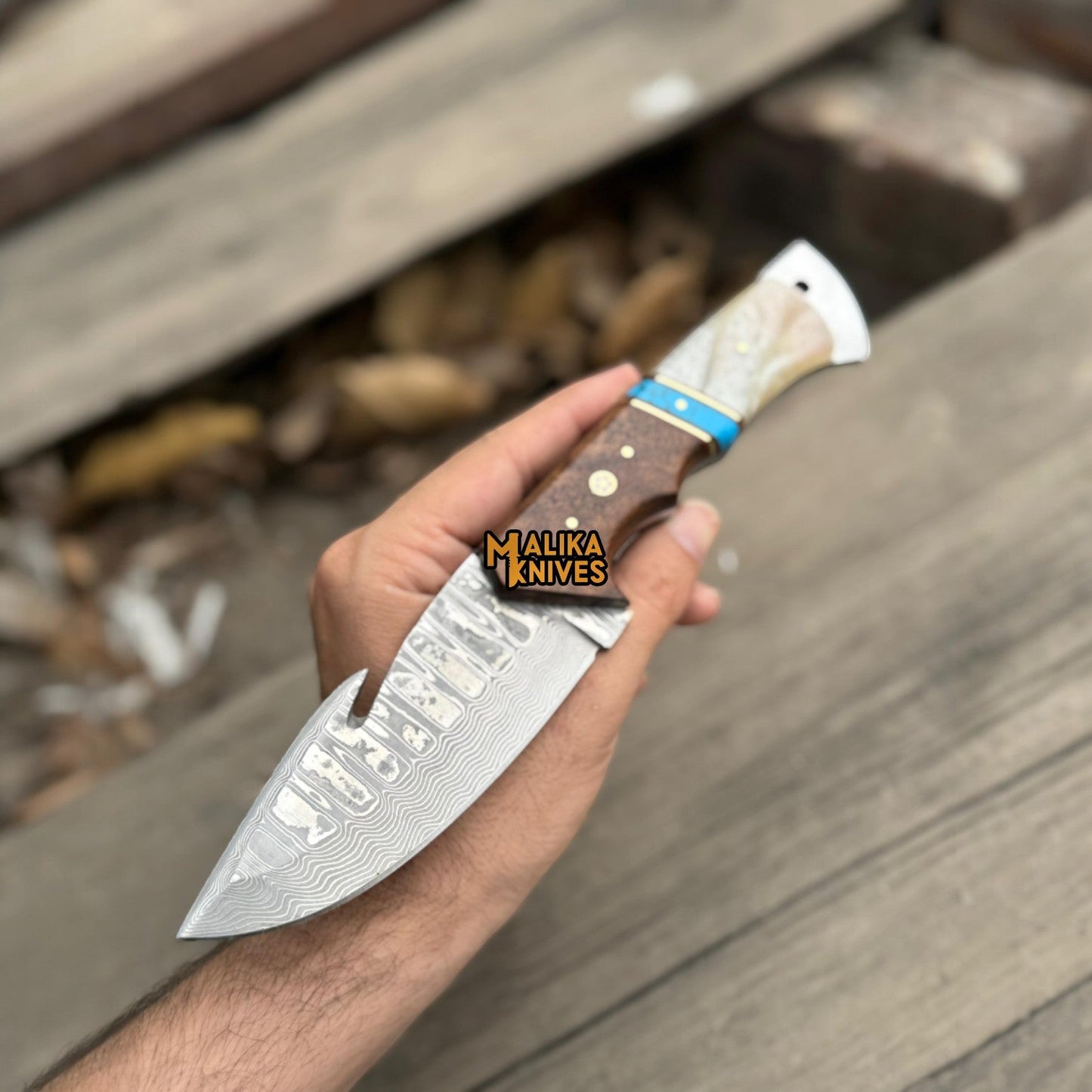 Stainless Damascus GutHook Hunting Knife | Wood & Marble handle-0361