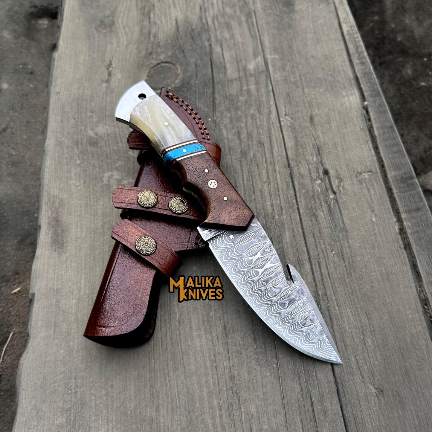 Stainless Damascus GutHook Hunting Knife | Wood & Marble handle-0361